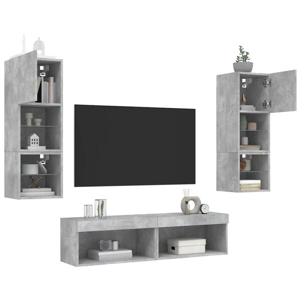 vidaXL 6 Piece TV Wall Units with LED Concrete Grey Engineered Wood
