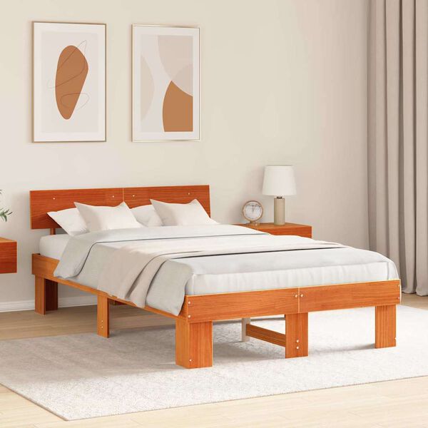 vidaXL Bed Frame with Headboard Wax Brown 135 x 190 cm Solid Pine Wood