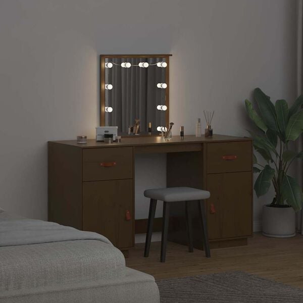 vidaXL Dressing Table Set with LED Honey Brown Solid Wood Pine