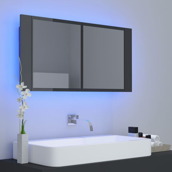 vidaXL LED Bathroom Mirror Cabinet High Gloss Grey 90x12x45 cm Acrylic