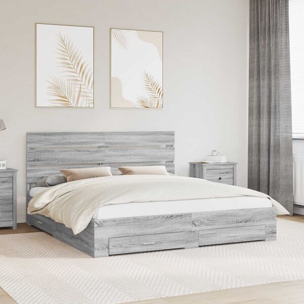 vidaXL Bed Frame with Drawer Grey Sonoma 200 x 200 cm Engineered Wood