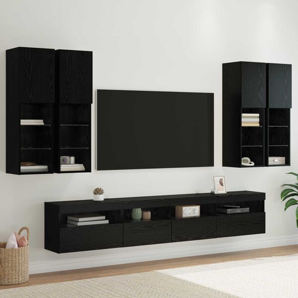 vidaXL TV Wall Cabinet Set with LED Lights with LED 7 pcs Black Oak