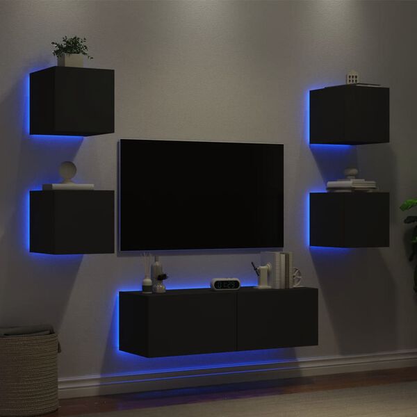 vidaXL 5 Piece TV Wall Cabinets with LED Lights Black