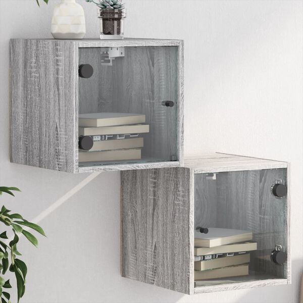 vidaXL Bedside Cabinets with Glass Doors 2 pcs Grey Sonoma 35x37x35 cm