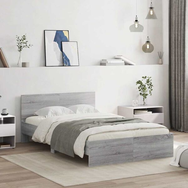 vidaXL Bed Frame with Headboard and LED Grey Sonoma 120x190 cm Small Double