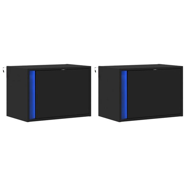 vidaXL Wall-mounted Bedside Cabinets with LED Lights 2 pcs Black