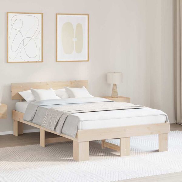 vidaXL Bed Frame with Headboard Natural 135 x 190 cm Solid Pine Wood