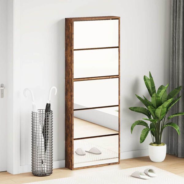 vidaXL Shoe Cabinet with Mirror 5-Layer Smoked Oak 63x17x169.5 cm