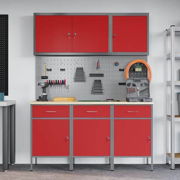 vidaXL Work Cabinet with Drawer 8 pcs Red Engineered Wood and Steel