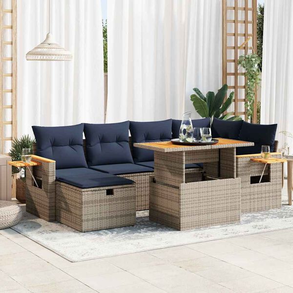 vidaXL 7 Piece Garden Sofa Set with Cushions Grey Poly Rattan Acacia