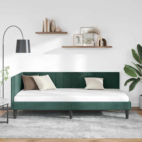 vidaXL Corner Bed Frame Dark Green 90 cm x 190 cm Velvet