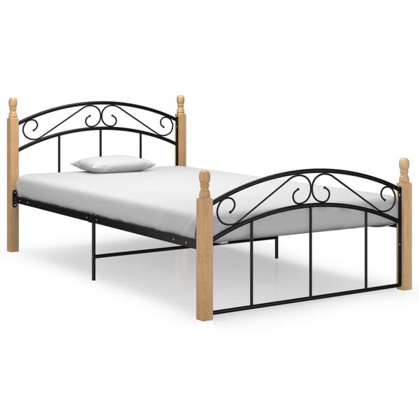 vidaXL Bed Frame without Mattress Black Metal&Solid Oak Wood 120x200 cm