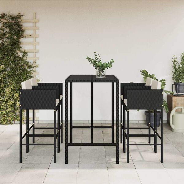 vidaXL 5 Piece Garden Bar Set with Cushions Black Poly Rattan