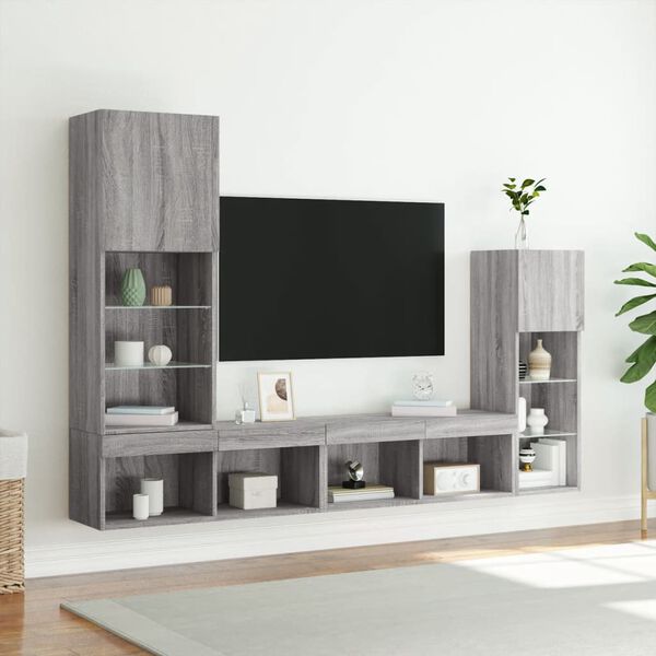 vidaXL 4 Piece TV Wall Units with LED Grey Sonoma Engineered Wood