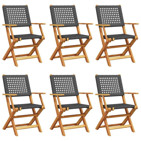 vidaXL Folding Garden Chairs 6 pcs Black Poly Rattan and Solid Wood