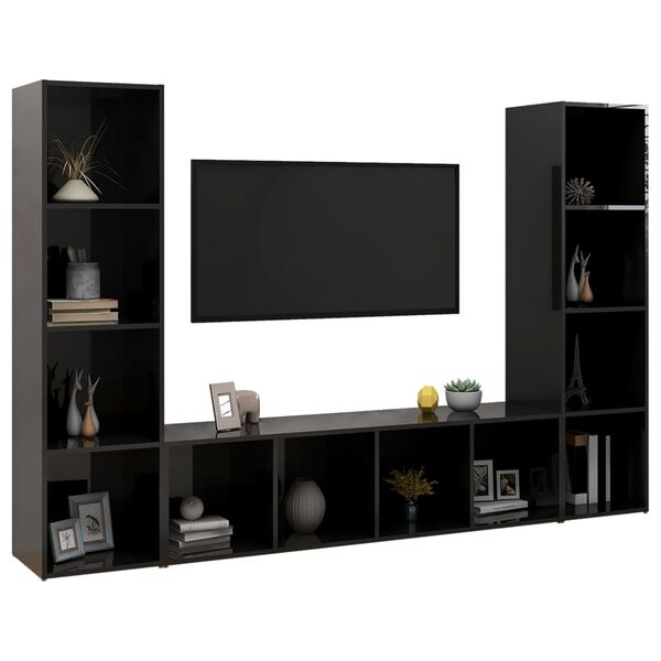 vidaXL TV Cabinets 3 pcs High Gloss Black 142.5x35x36.5 cm Engineered Wood