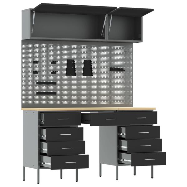 vidaXL Work Cabinet with Drawer 8 pcs Black 150 x 55 x 200 cm