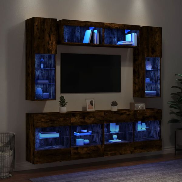 vidaXL 6 Piece TV Wall Cabinet Set with LED Lights Smoked Oak