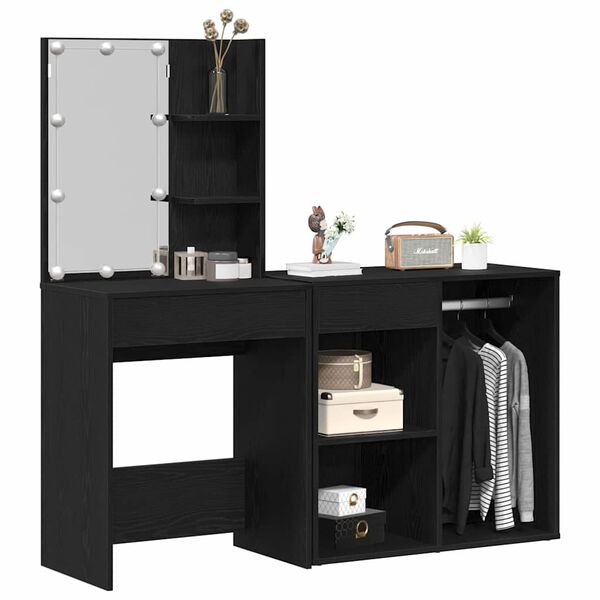 vidaXL LED Dressing Table Set with Drawer Black Oak 140 x 40 x 140 cm