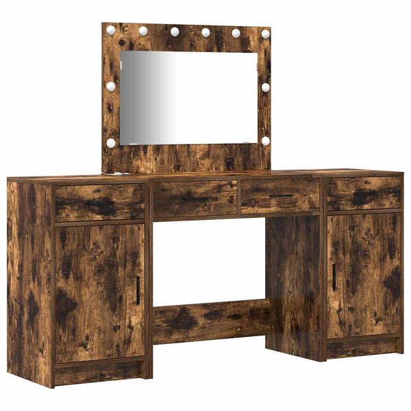 vidaXL Dressing Table with Mirror Lights 3 pcs Brown Engineered Wood