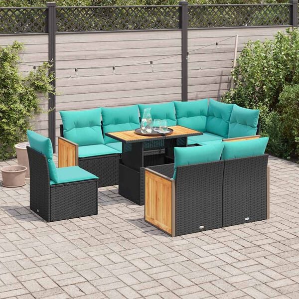 vidaXL 9 Piece Garden Sofa Set with Cushions Black Poly Rattan Acacia