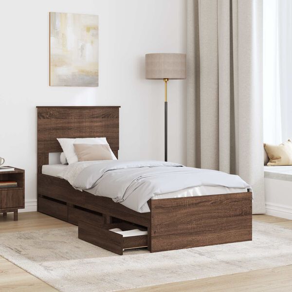 vidaXL Bed Frame with Drawer Brown Oak 75 x 190 cm Engineer Wood