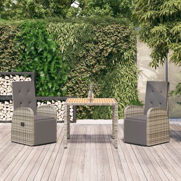 vidaXL 3 Piece Garden Dining Set Grey Poly Rattan&Solid Wood Acacia