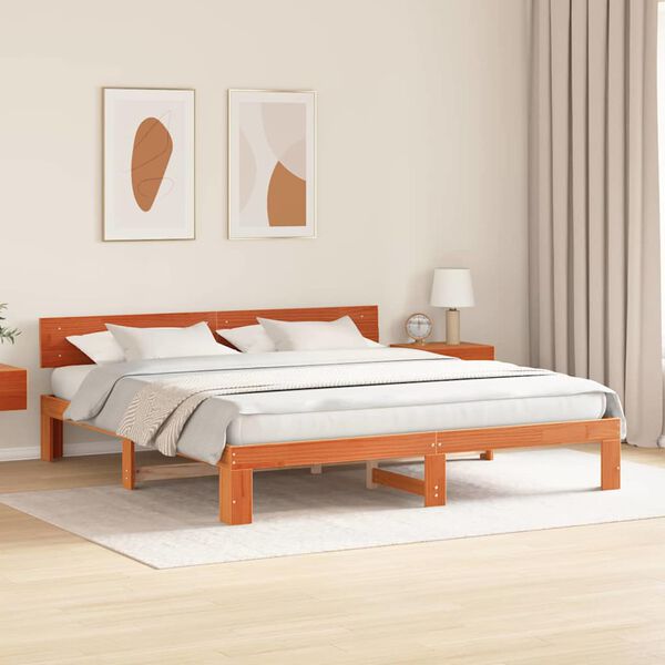 vidaXL Bed Frame with Headboard Wax Brown 180 x 200 cm Solid Pine Wood