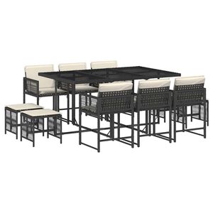 vidaXL 11 Piece Garden Dining Set with Cushions Black Poly Rattan