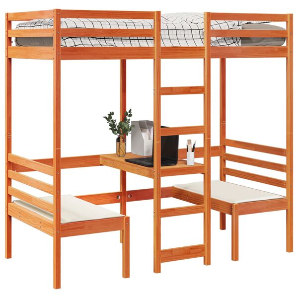 vidaXL Loft Bed Frame with Desk and Chairs Wax Brown 75x190cm Solid Wood Pine