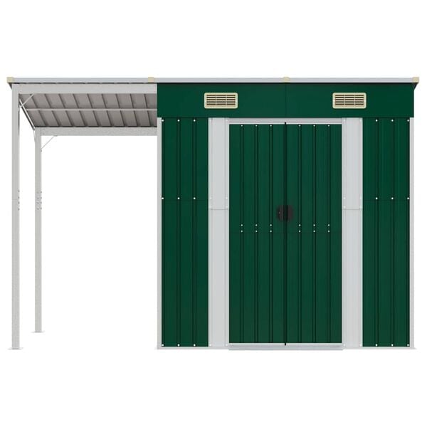 vidaXL Garden Shed with Extended Roof Green 277x107x181 cm Steel