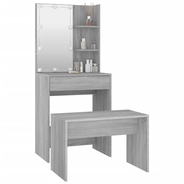 vidaXL Dressing Table Set with LED Grey Sonoma Engineered Wood