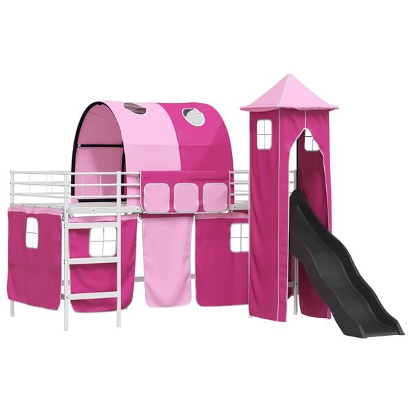 vidaXL Kids'Loft Bed Frame with Curtains, Arch, Slide, Tower