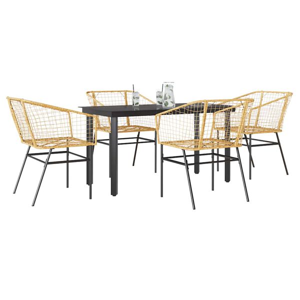 vidaXL 5 Piece Garden Dining Set Brown Poly Rattan Glass