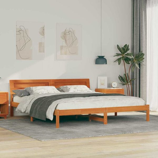 vidaXL Bed Frame with Headboard Brown 200 x 200 cm Solid Pine Wood