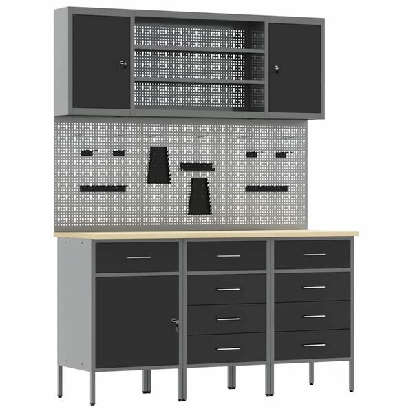 vidaXL Work Cabinet with Drawer 7 pcs Black Engineered Wood and Steel