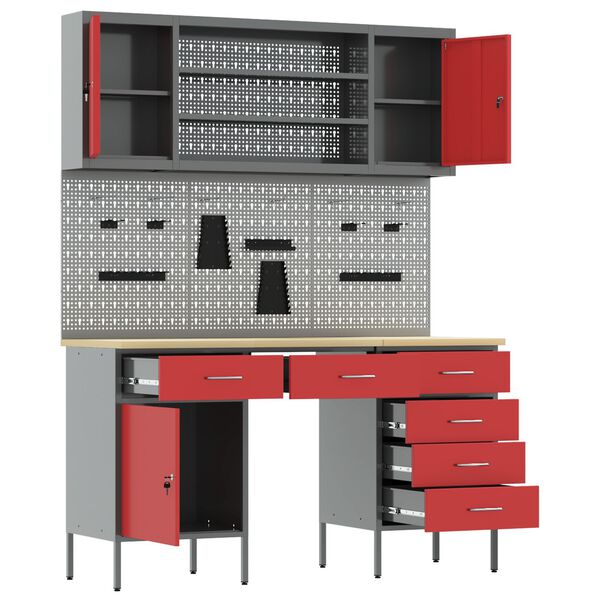 vidaXL Work Cabinet with Drawer with Lock 7 pcs Red 150 x 55 x 200 cm