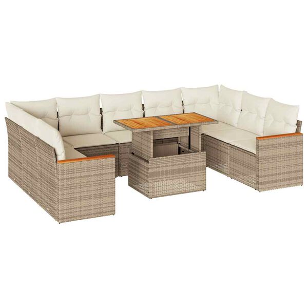vidaXL 10 Piece Garden Sofa Set with Cushions Beige Poly Rattan Acacia