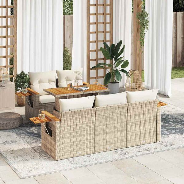 vidaXL 6 Piece Garden Sofa Set with Cushions Beige Poly Rattan Acacia