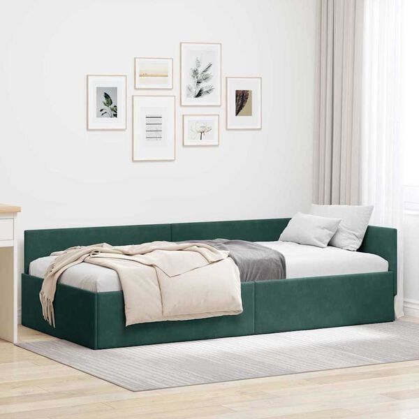 vidaXL Corner Bed Frame Dark Green 100 cm x 200 cm Velvet