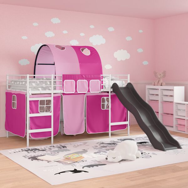 vidaXL Kids'Loft Bed Frame with Curtains, Arch, Slide White and Pink