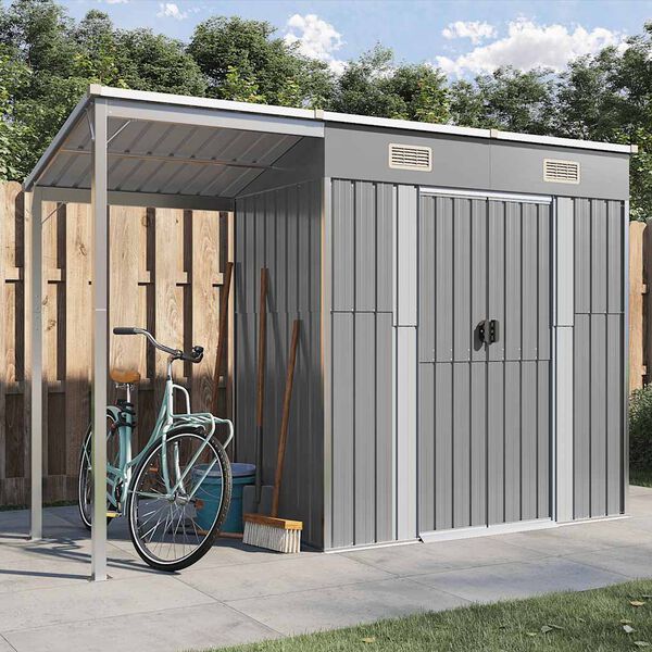 vidaXL Garden Shed with Extended Roof Light Grey 277x107x181 cm Steel