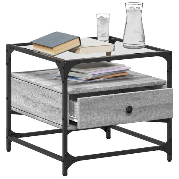 vidaXL Coffee Table with Glass Top Grey Sonoma 50x50x45 cm Steel