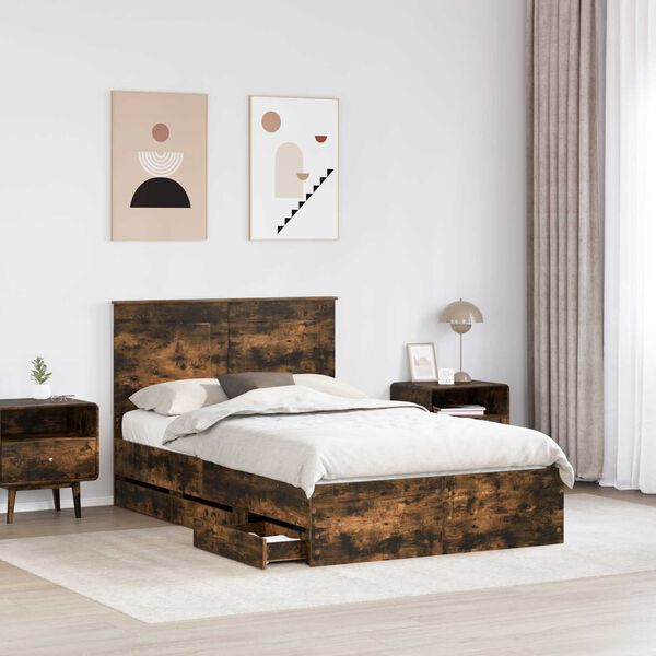 vidaXL Bed Frame with Drawer Smoked Oak 135 x 190 cm Engineer Wood