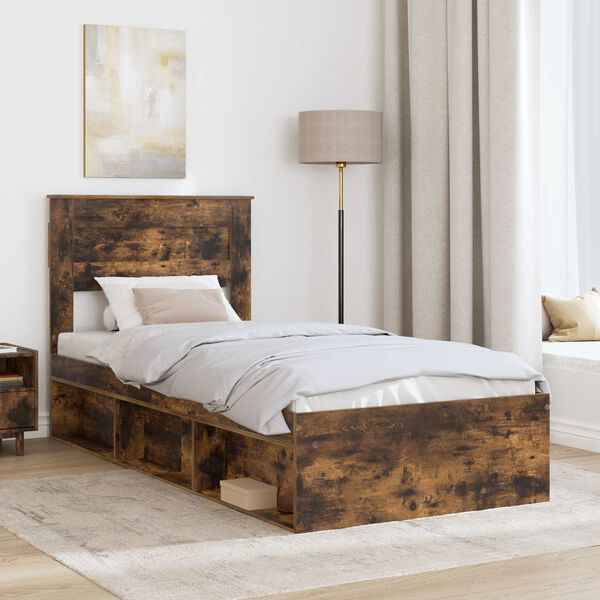 vidaXL Bed Frame with Mattress Smoked Oak 100 x 200 cm Solid Pine Wood