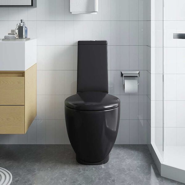 vidaXL WC Ceramic Toilet Bathroom Round Toilet Bottom Water Flow Black