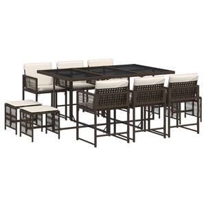 vidaXL 11 Piece Garden Dining Set with Cushions Brown Poly Rattan