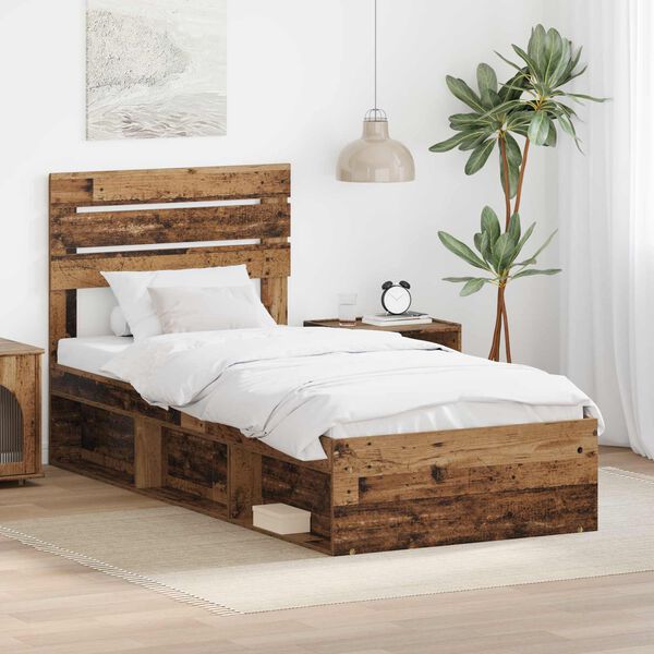 vidaXL Bed Frame with Headboard Old Wood 90 x 190 cm Solid Pine Wood