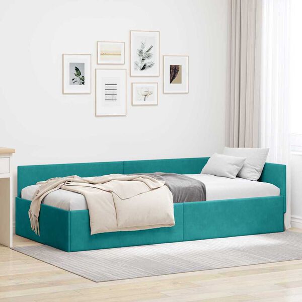 vidaXL Corner Bed Frame with Headboard Turquoise 90 cm x 200 cm Velvet