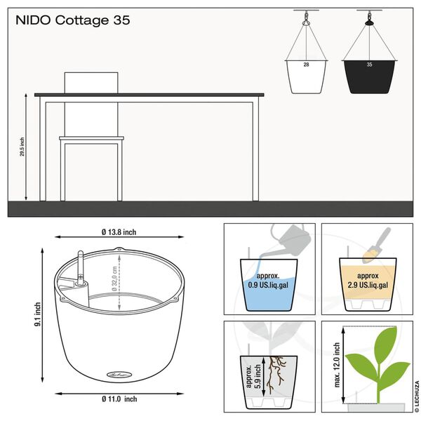 LECHUZA Hanging Planter NIDO Cottage 35 ALL-IN-ONE Sand Brown
